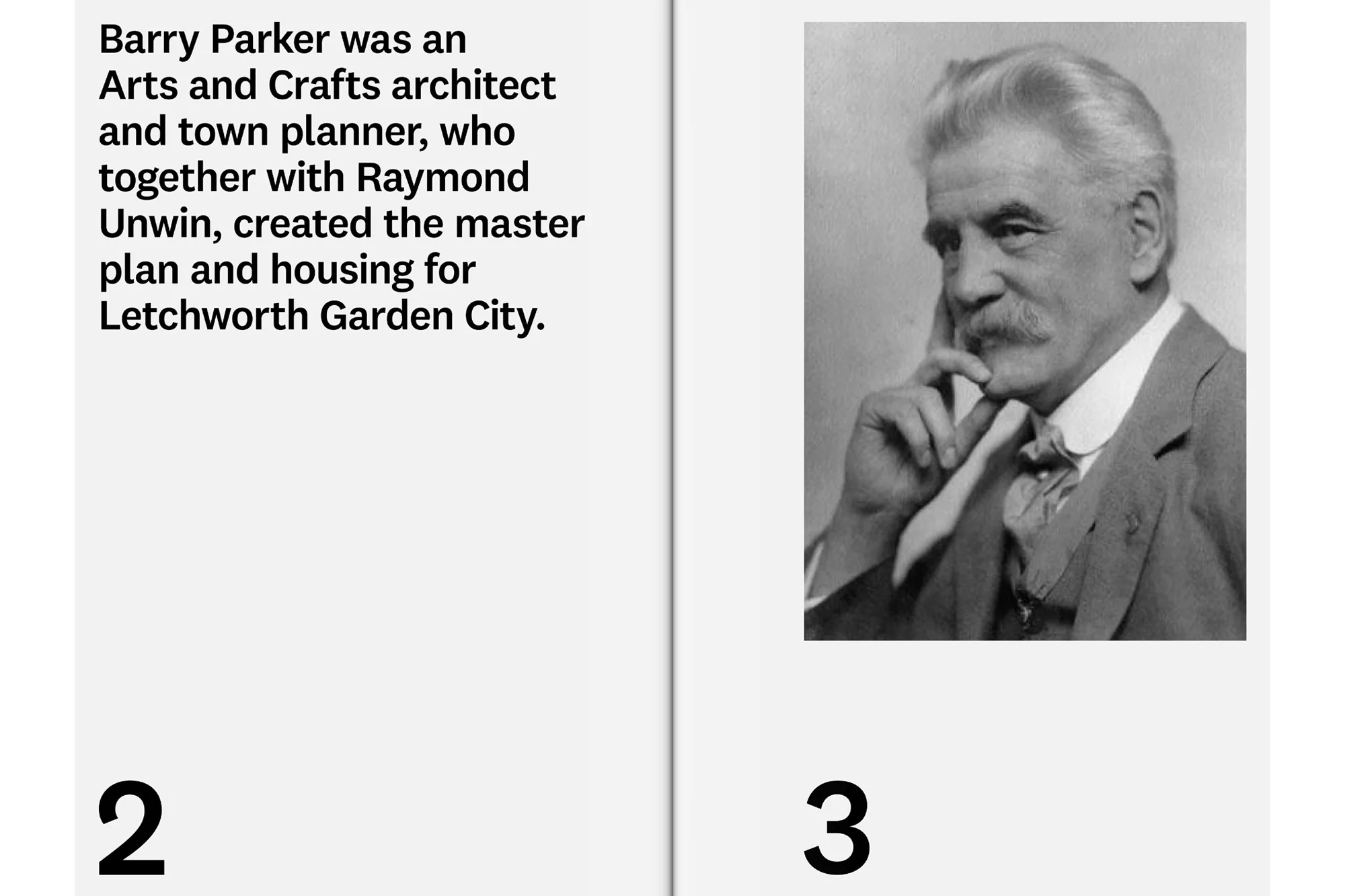 Monochrome portrait of Barry Parker, Arts and Crafts architect and town planner, depicted in a profile view, with hand near face.