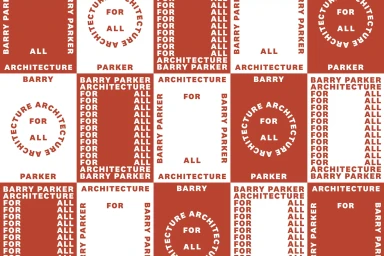 A repeating typographic grid pattern featuring alternating red and white squares with bold serif text reading Barry Parker Architecture for All