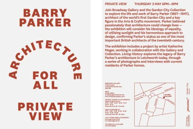 Exhibition invitation poster for Barry Parker architecture featuring bold red typography and a location map on an off-white background