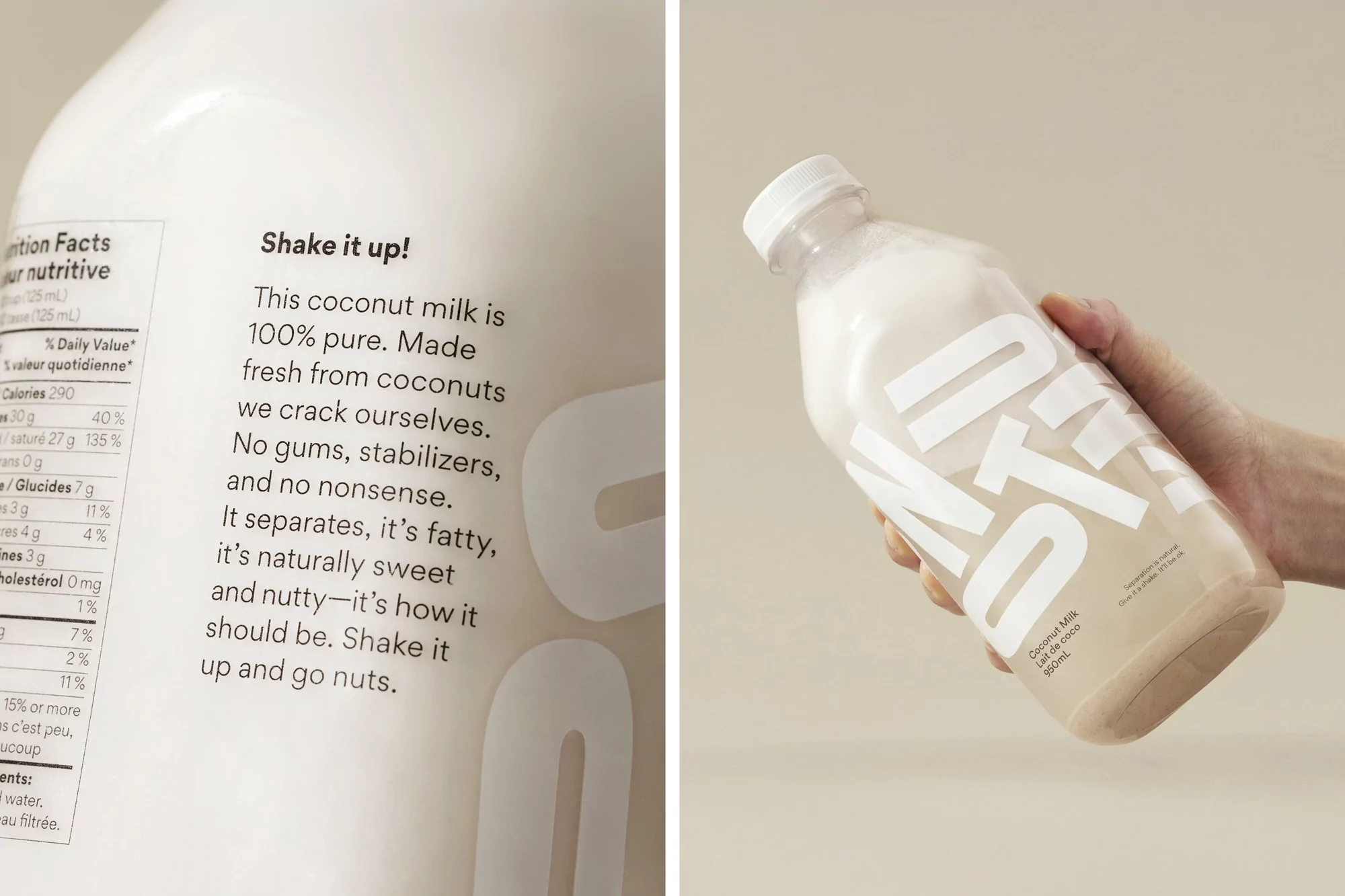 Two product shots of a bottle of coconut milk with nutritional information and label text against a neutral background.