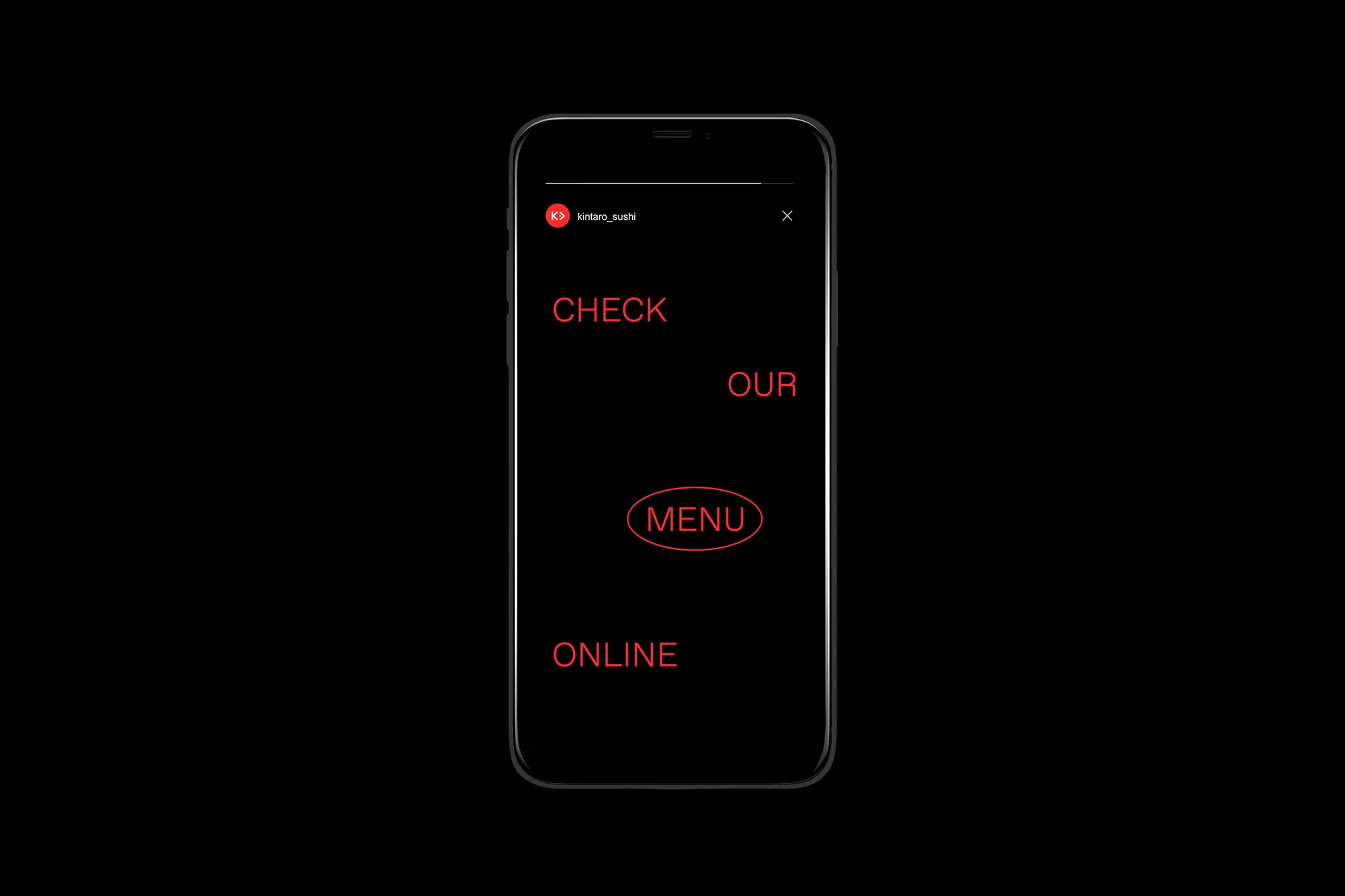 Smartphone displays a digital advertisement: 'Check our Menu Online' in vibrant red against a stark black background.