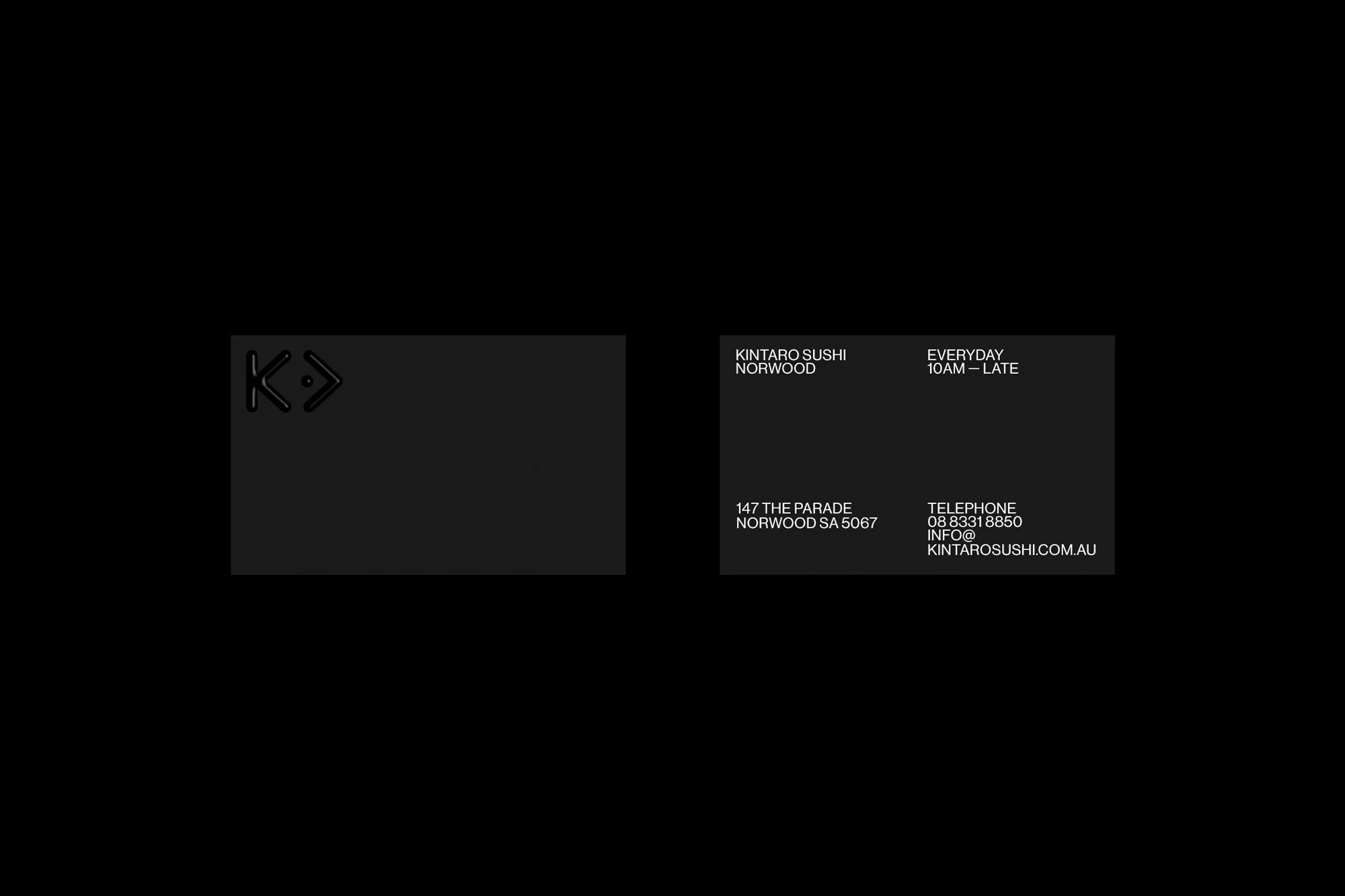 Business card with logo and Kintaro Sushi contact details in black and white for search engine optimization.