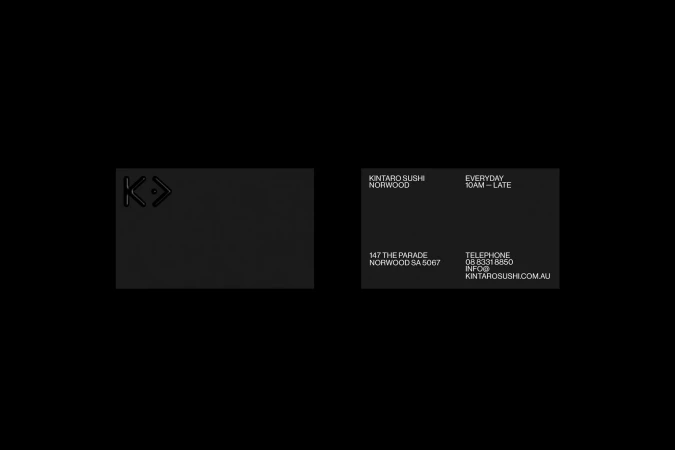 Business card with logo and Kintaro Sushi contact details in black and white for search engine optimization.