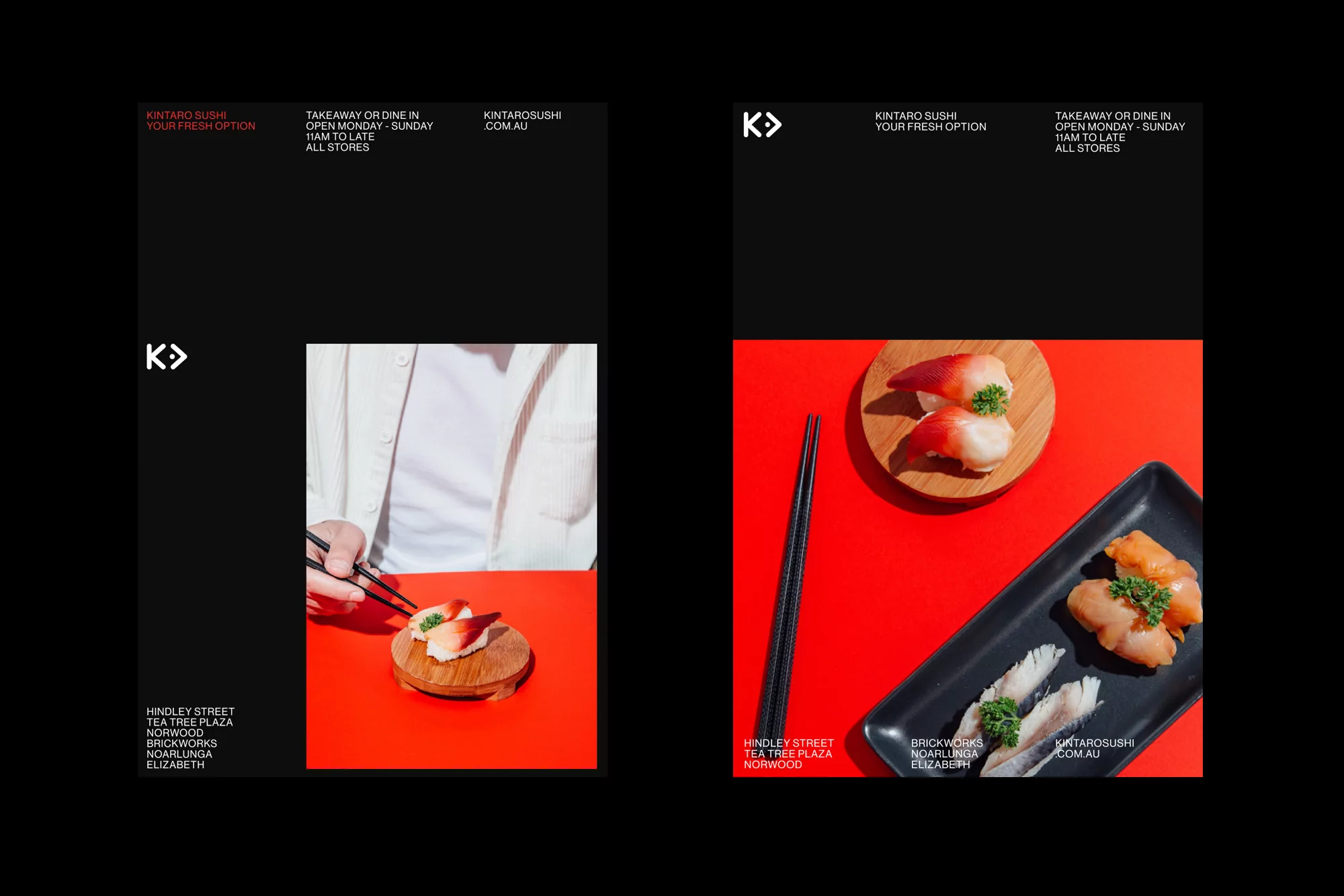 Two panels with sushi dishes on a red background and text against black, promoting Kintaro Sushi takeaway options.