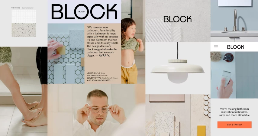 Collage of bathroom interior design elements and website interface featuring a child, faucet, and Block Build logo.