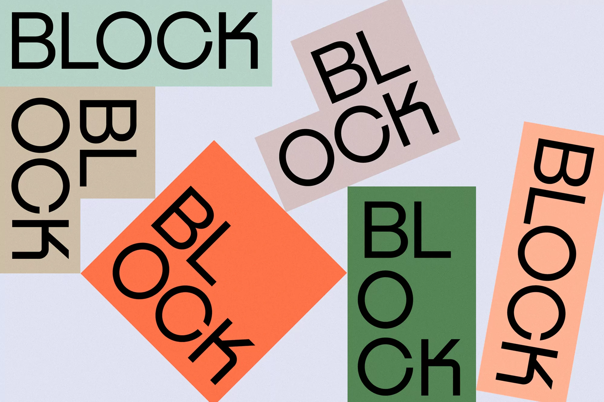 Geometric graphic design with the word 'BLOCK' repeated in black letters across various colored squares and rectangles on a light background.