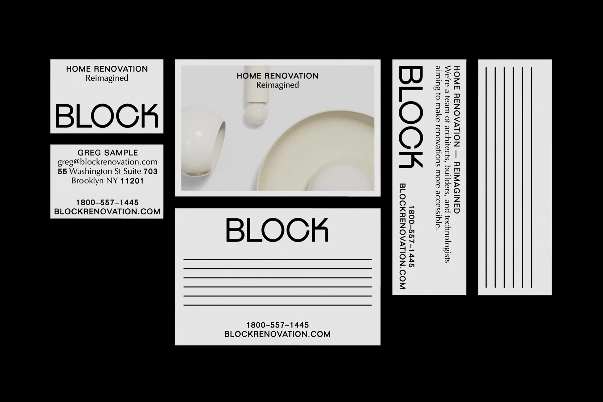 Promotional graphic for BLOCK home renovation featuring business cards with company name, contact information, and a minimal aesthetic.