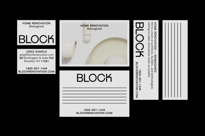 Promotional graphic for BLOCK home renovation featuring business cards with company name, contact information, and a minimal aesthetic.