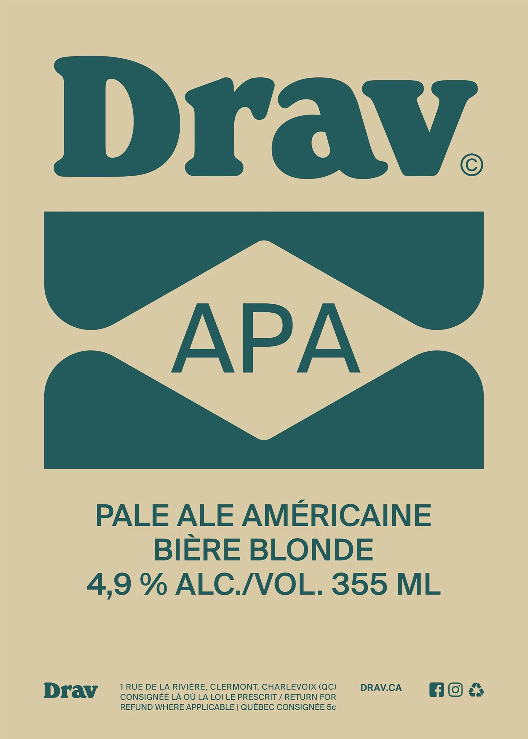 Minimalist poster advertising Drav APA beer with stacked text and geometric teal shapes on a beige background, featuring product details.