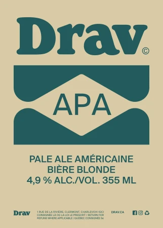 Minimalist poster advertising Drav APA beer with stacked text and geometric teal shapes on a beige background, featuring product details.