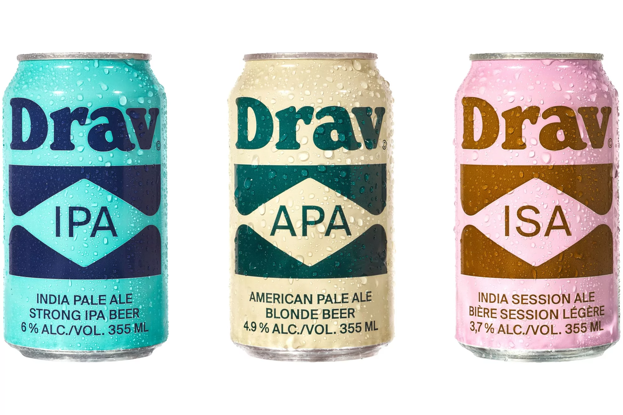 Three aluminum cans of Drav craft beer in various colors against a white background, with condensation droplets on the can surfaces.