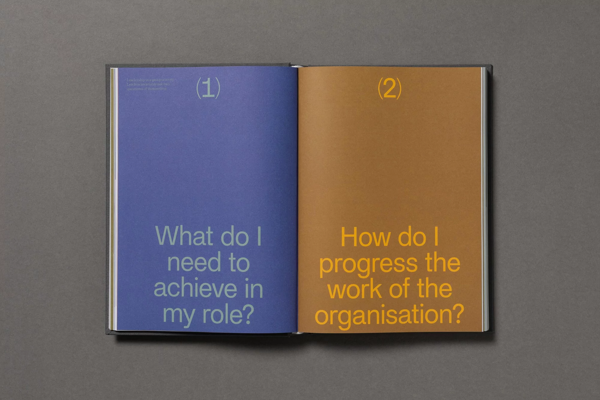 An open book displays the numbered questions, 'What do I need to achieve in my role?' and 'How do I progress the work of the organization?'