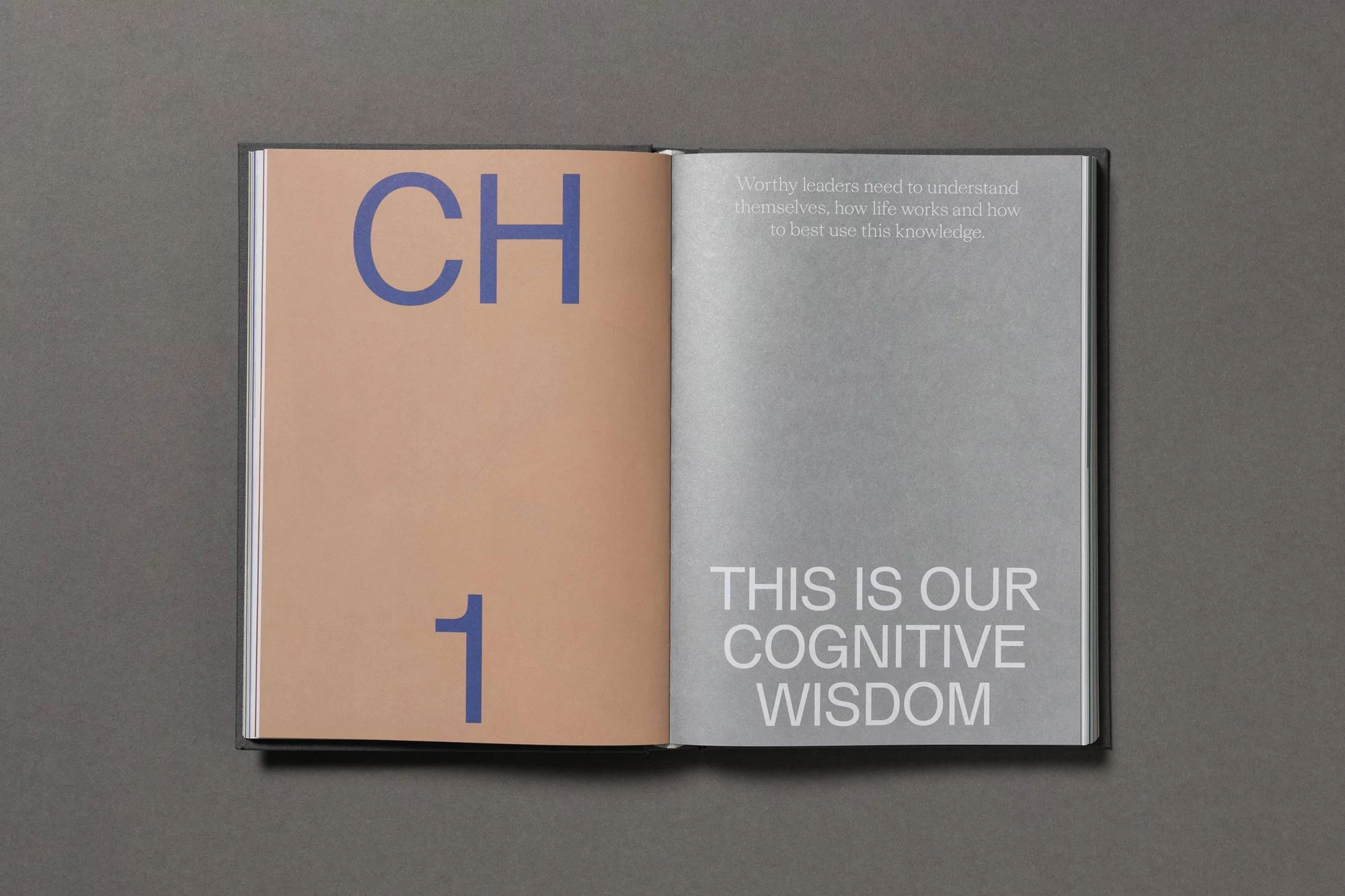 Open book featuring the first chapter with the words 'Chapter' and 'Cognitive Wisdom' in blue and white text on a tan and gray background.