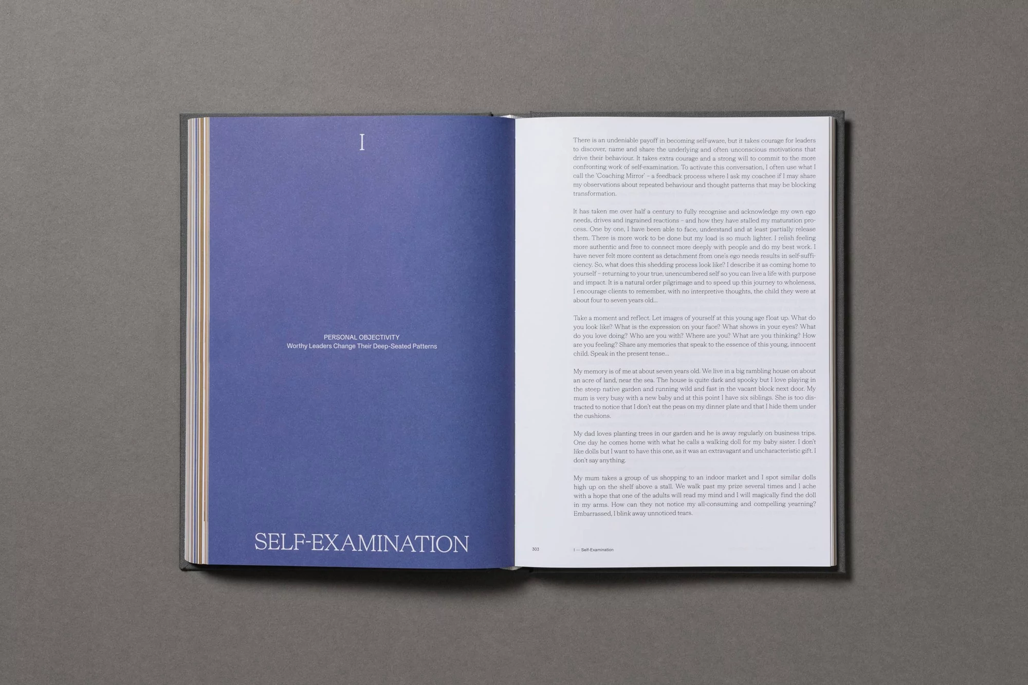 Open book displaying a page with blue background and white text, next to another page with white background and black text.