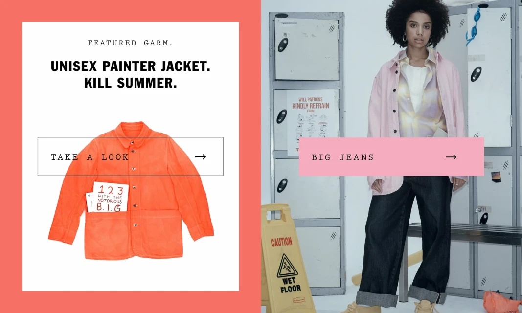 Split-screen fashion ad featuring an orange unisex painter jacket and a woman in big jeans in a locker room-style environment.