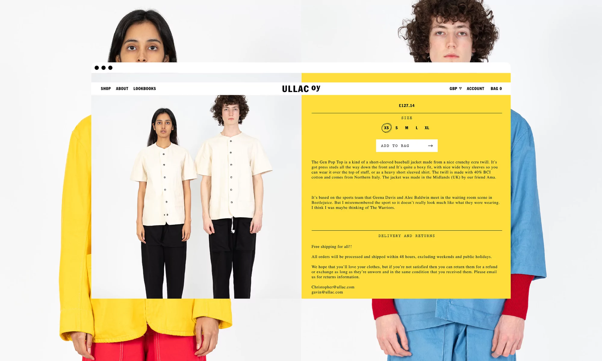 E-commerce website promoting ULLAC clothing, featuring two fashion models wearing the brand's designs on a white background.