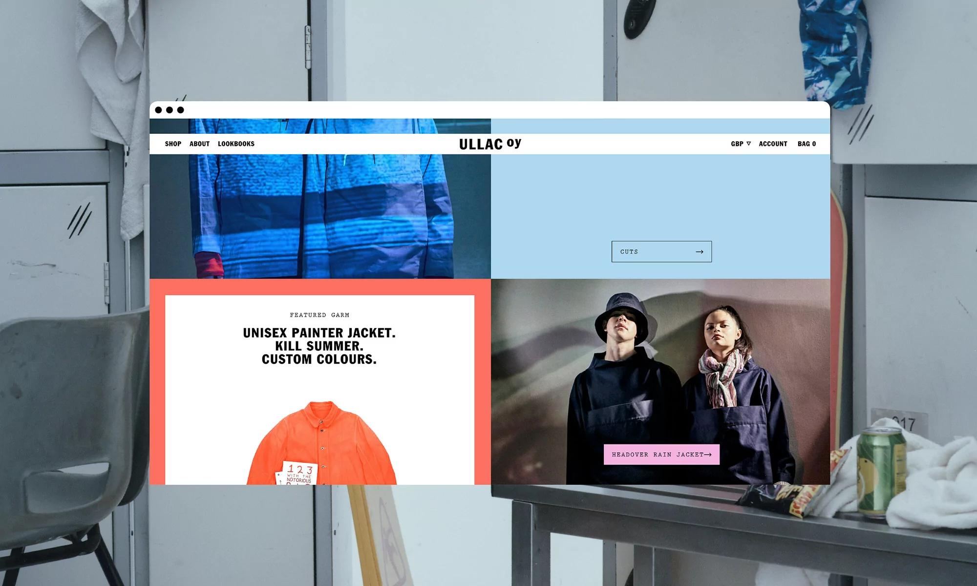 Online clothing advertisement featuring an orange jacket, a man and woman in dark jackets, and a blue striped shirt, displayed on lockers.