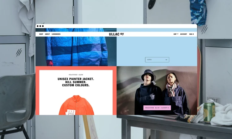 Online clothing advertisement featuring an orange jacket, a man and woman in dark jackets, and a blue striped shirt, displayed on lockers.