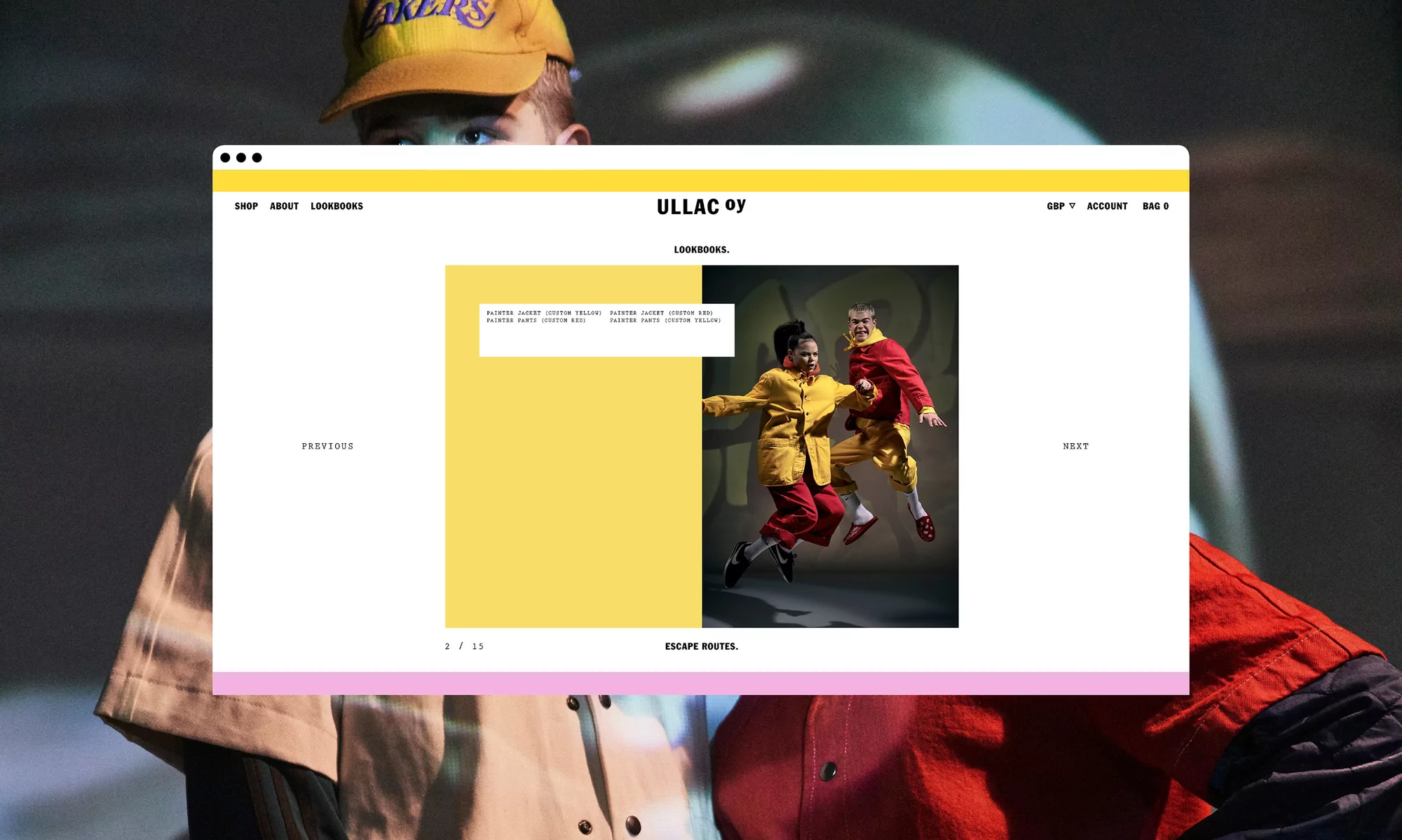 Young people styled in red and yellow, jumping, presented in a web browser frame. Fashion photography for online creative directory.