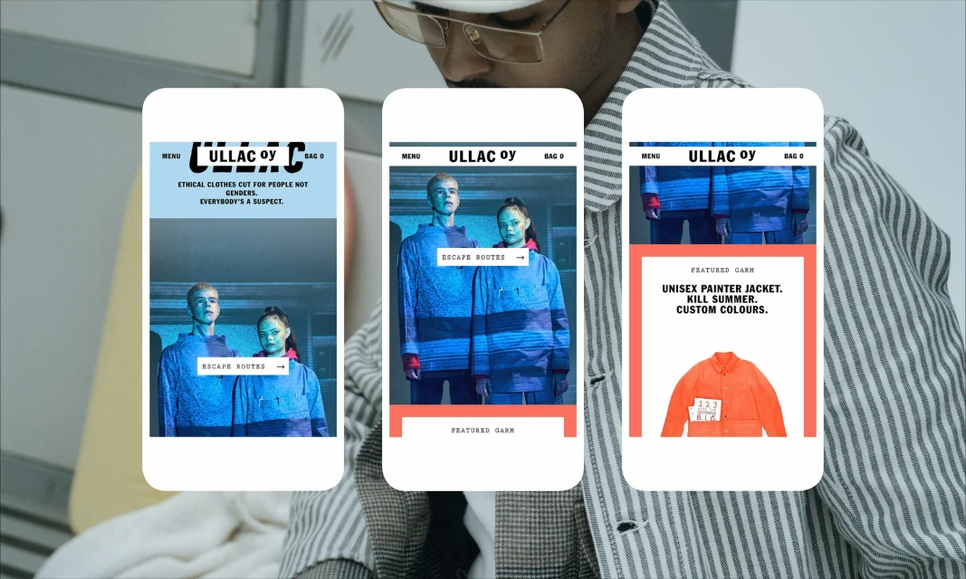 Striking image of clothing designs presented on three mobile phone screens, showcased against a backdrop featuring a person in striped attire.