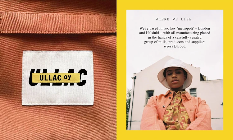 Close-up of clothing label on garment with woman in hat and jacket on right, and text about location above image.