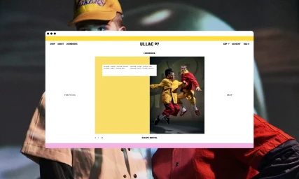 Website interface screenshot showcasing ULLAC lookbook imagery with two models mid-air wearing yellow jackets and red trousers