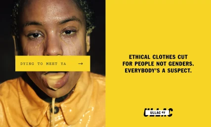 Close-up of a person with wet skin and yellow liquid on their face, wearing an orange jacket, alongside bold yellow typography.