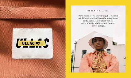 Close-up split image showing a woven fabric label and a person wearing a white bucket hat and orange jacket.