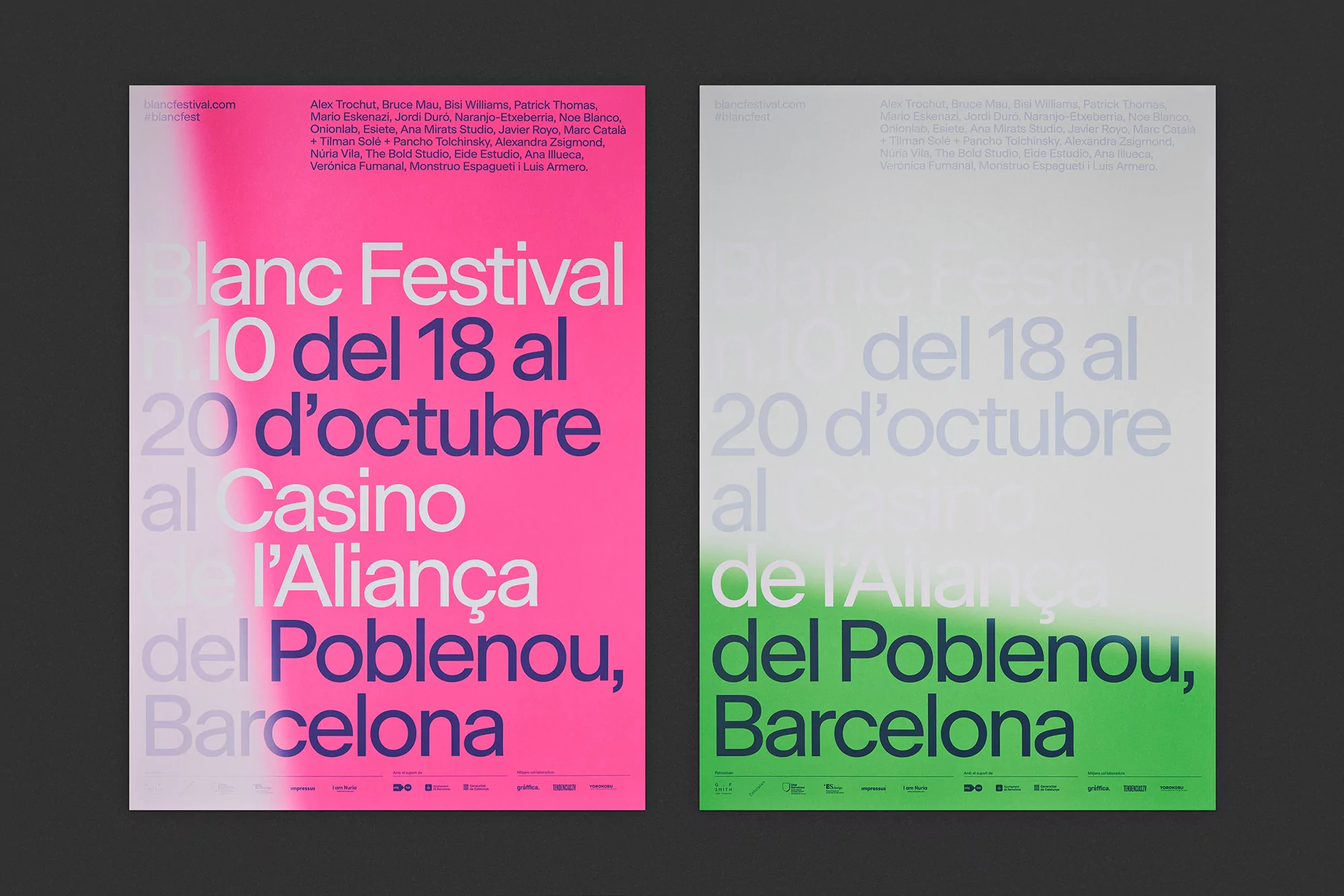 Two graphic posters for Blanc Festival 10 del 18 al 20 d'octubre in Barcelona with typography and names, one in pink and one in green.