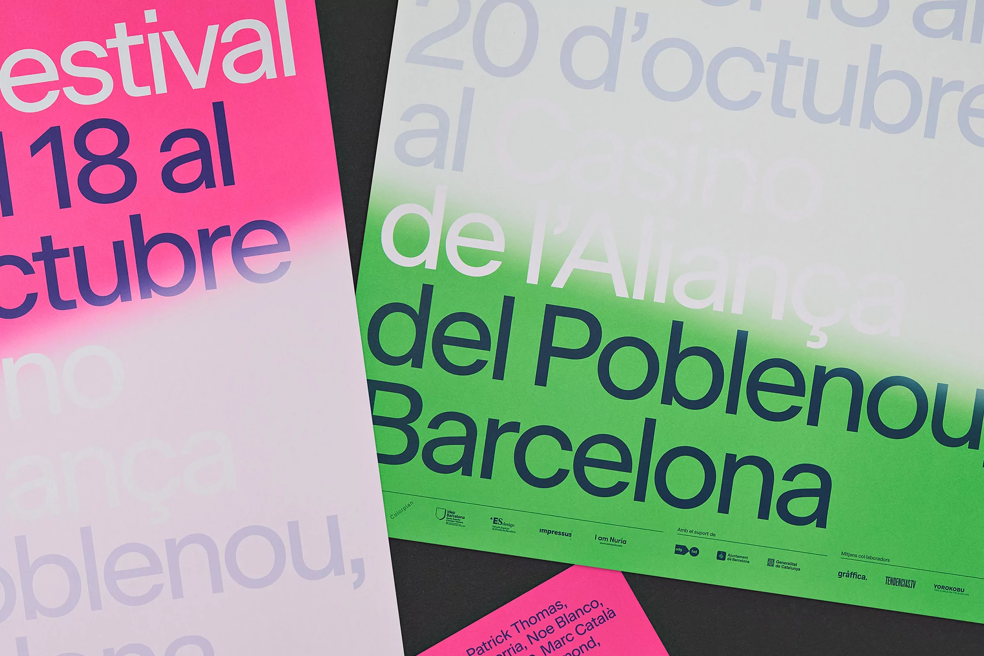 Two posters with text in Spanish. One poster is fuchsia and the other is green, with details on the "festival" dates and location.
