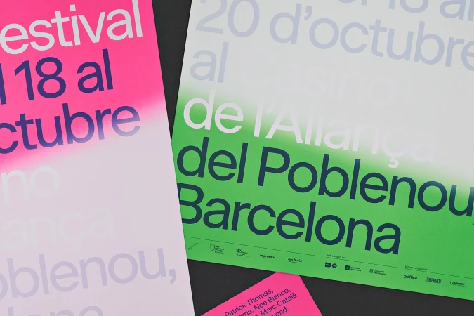 Two posters with text in Spanish. One poster is fuchsia and the other is green, with details on the "festival" dates and location.