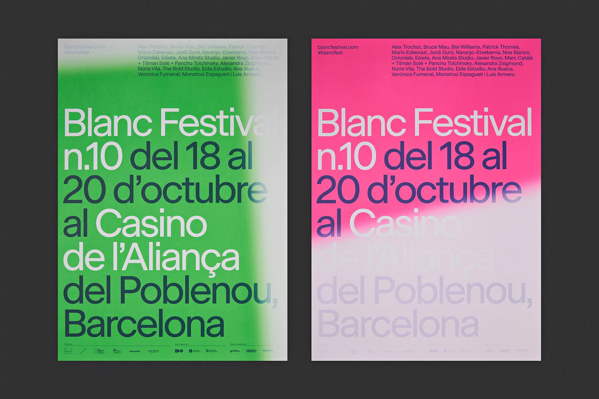 Two Blanc Festival posters, one green and one pink, advertise the event in Barcelona with designer names listed at the top.