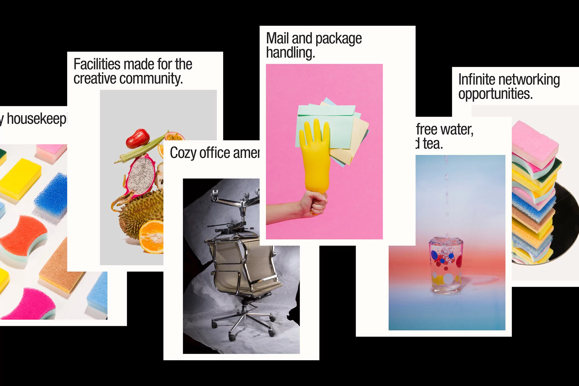 Abstract studio shot featuring colorful cleaning sponges, fruit, office chair, a rubber glove holding envelopes, and a glass of water.