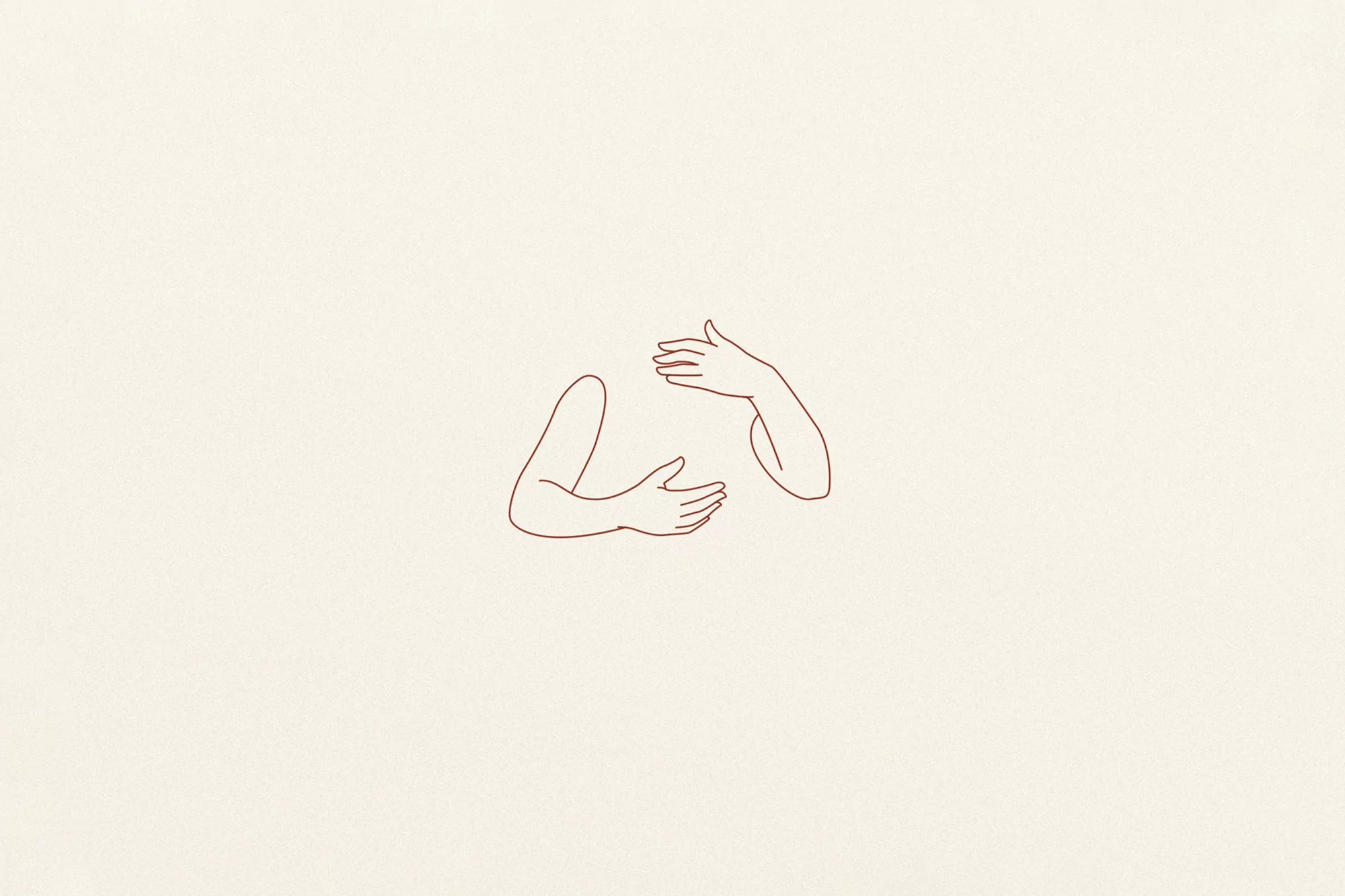 Minimalist line art illustration of disembodied arms and hands forming a gesture on a cream-colored background.