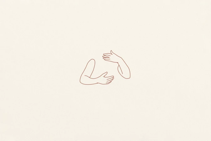 Minimalist line art illustration of disembodied arms and hands forming a gesture on a cream-colored background.