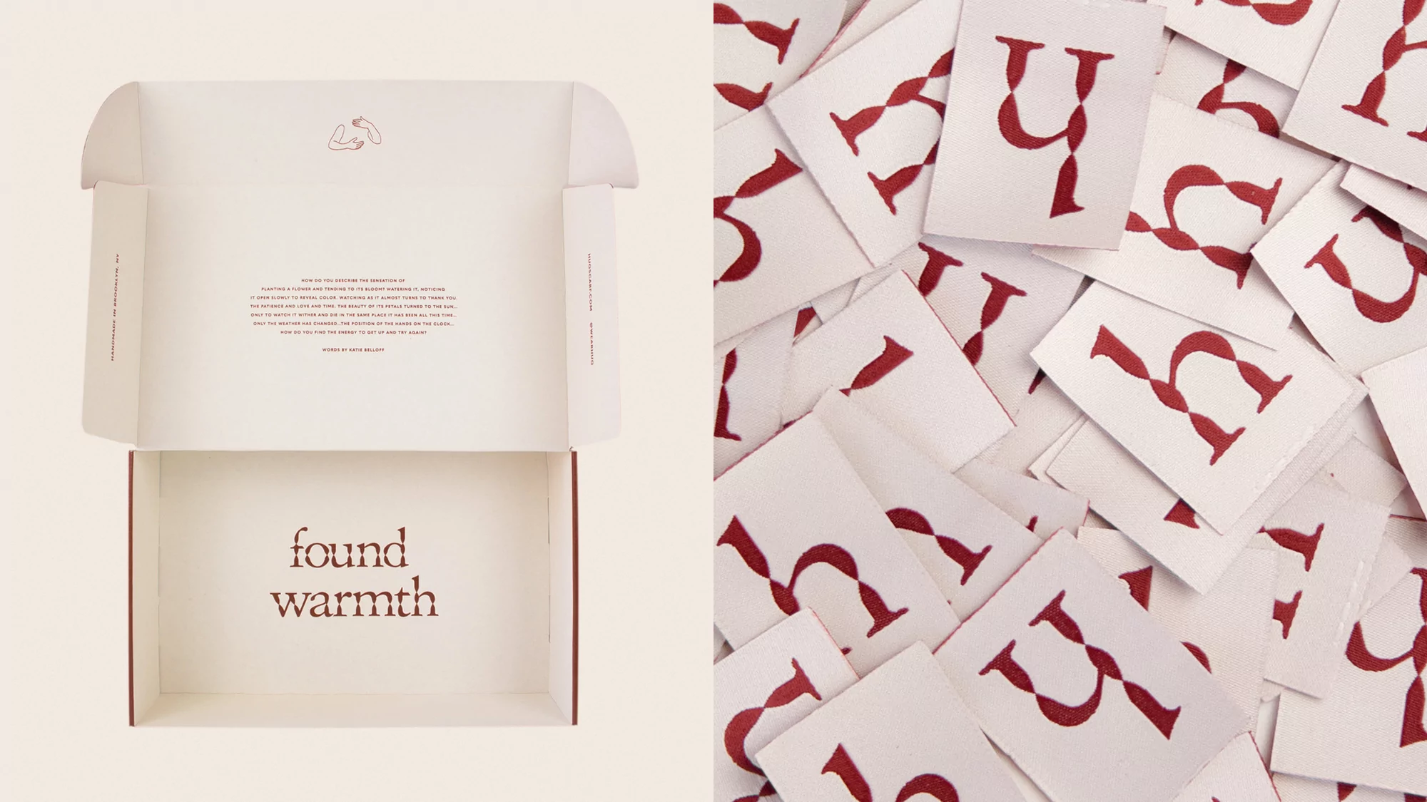 Open cream-colored box with 'found warmth' text, and a pile of white cards with red letter graphics against a neutral background.