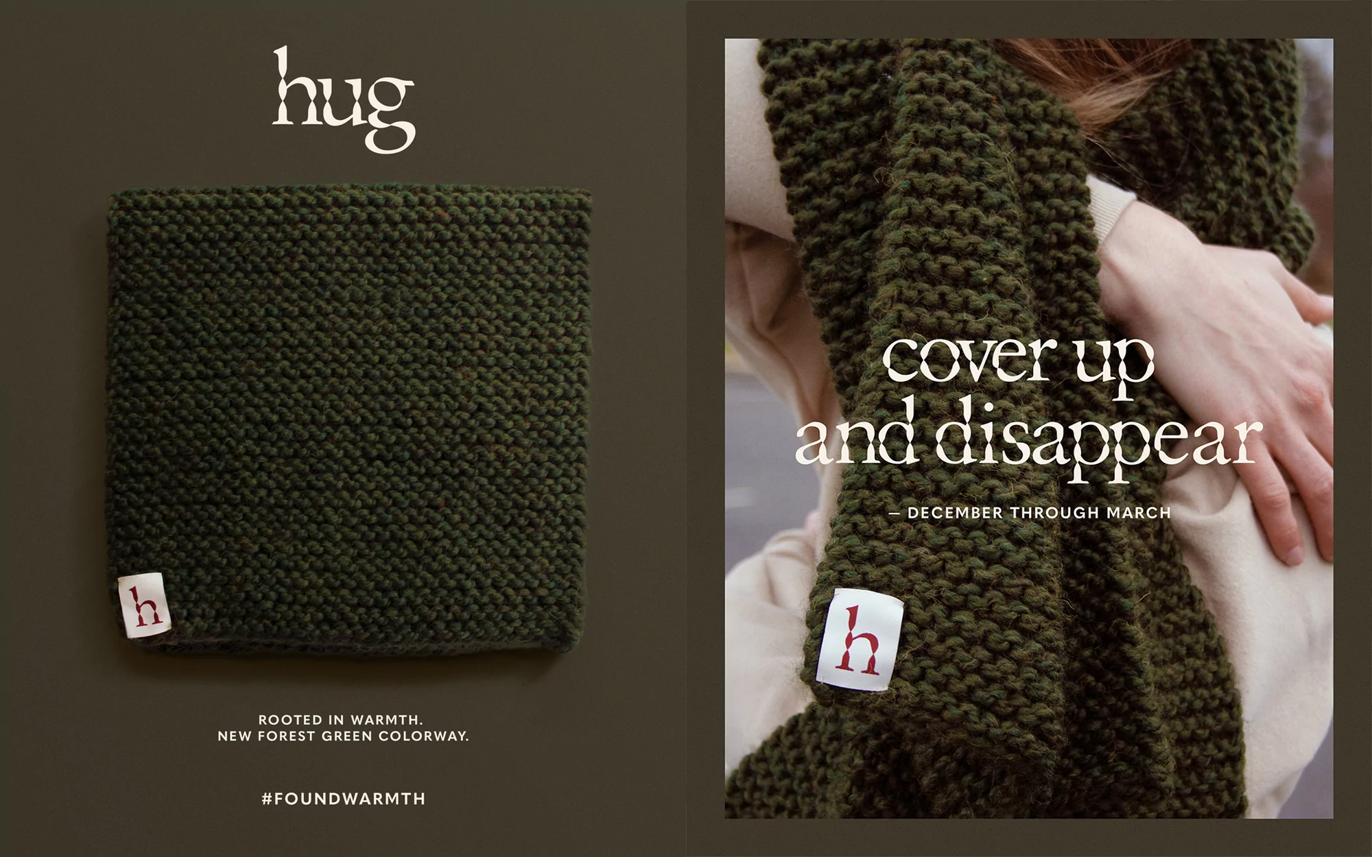 A forest-green, knitted scarf is draped indoors with a neutral backdrop, next to a flat lay image of the same cozy scarf.