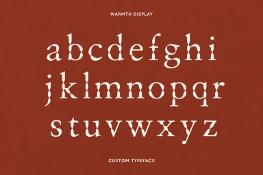 Custom alphabet typeface display featuring lowercase letters in cream on a textured terracotta background