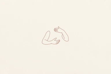 Minimalist red line art illustration of embracing arms on a textured cream background
