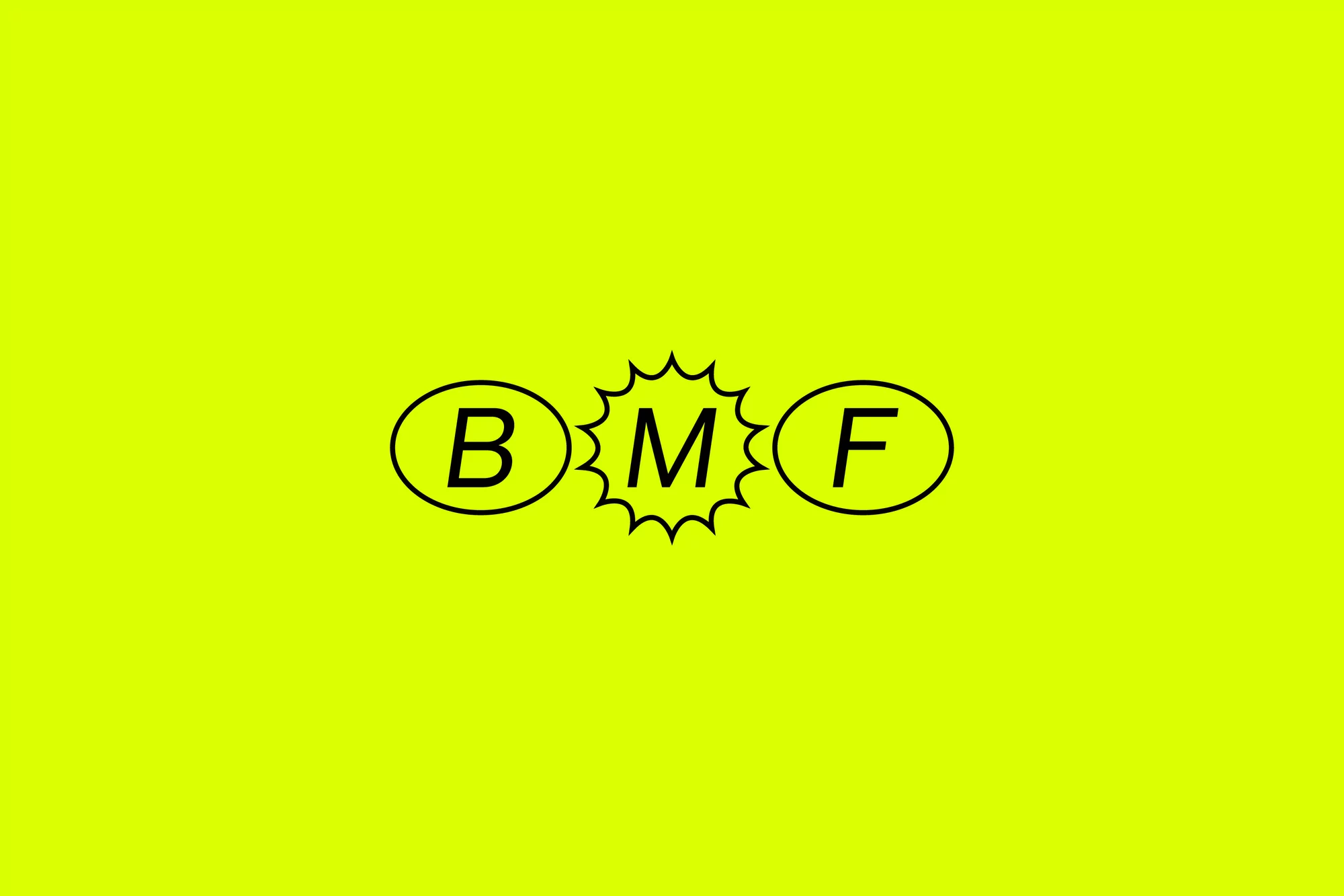The letters BMF are arranged horizontally in black against a bright yellow background, with M stylized as a burst or star.