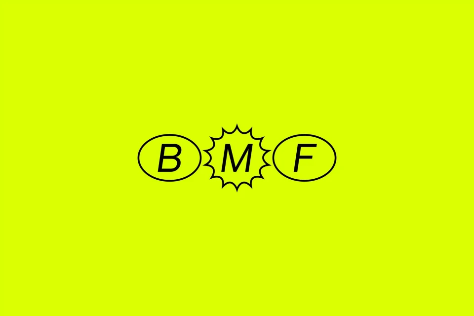 The letters BMF are arranged horizontally in black against a bright yellow background, with M stylized as a burst or star.