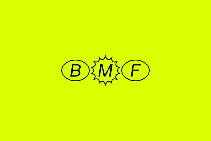 The letters BMF are arranged horizontally in black against a bright yellow background, with M stylized as a burst or star.