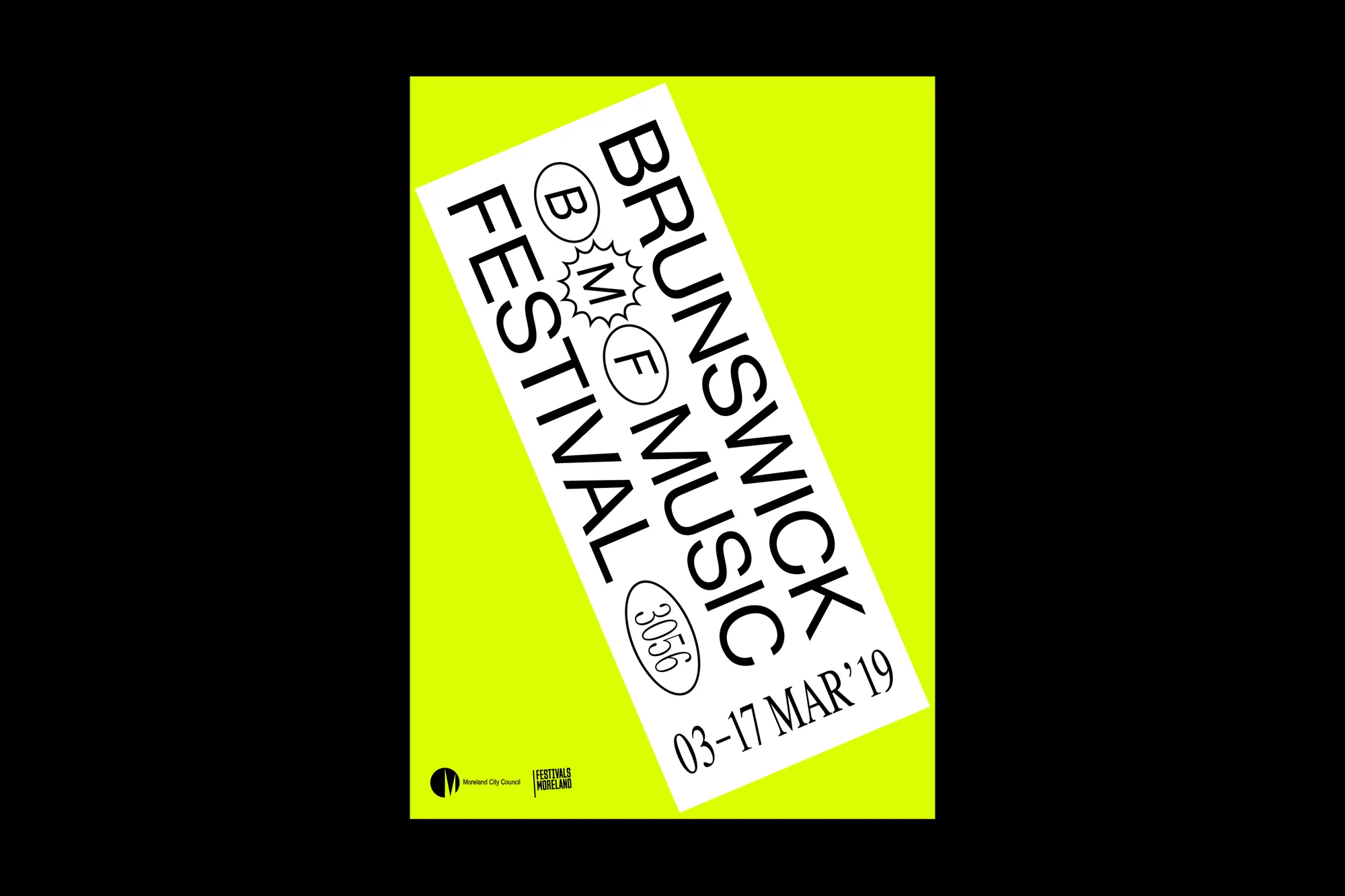 Poster for Brunswick Music Festival with bold typography and neon-yellow background.