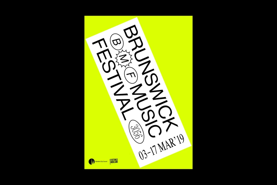 Poster for Brunswick Music Festival with bold typography and neon-yellow background.