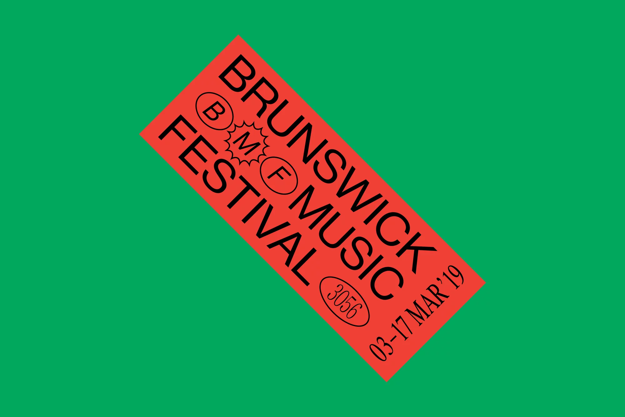 Brunswick Music Festival advertisement in red against a green background. Festival dates are 03-17 Mar '19.