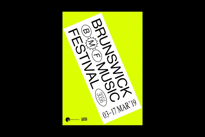 Bold typographic poster for Brunswick Music Festival featuring rotated text on a lime green background.