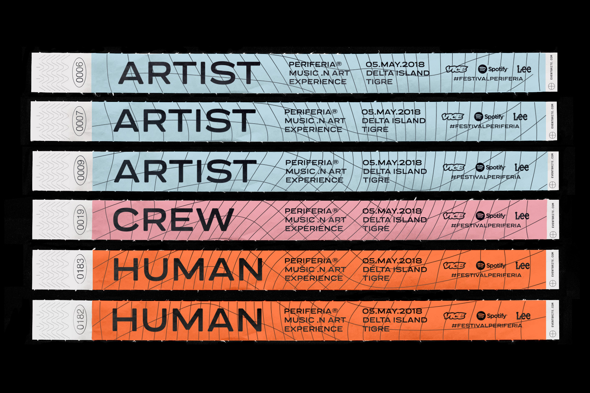 Close-up shot of six wristbands with printed event and sponsor information; color palette features blue, pink, and orange hues.