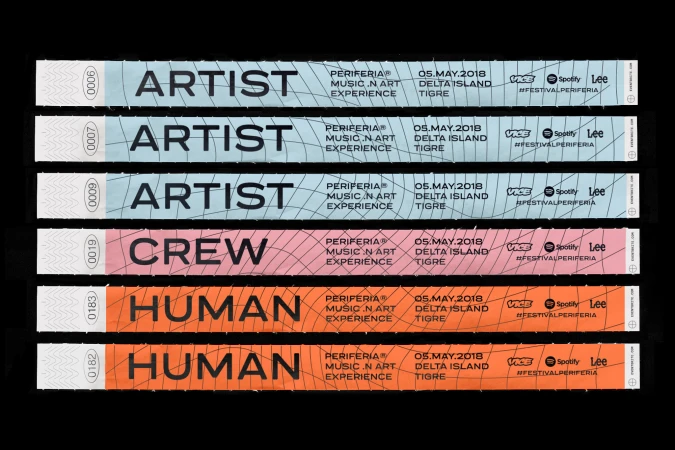 Close-up shot of six wristbands with printed event and sponsor information; color palette features blue, pink, and orange hues.