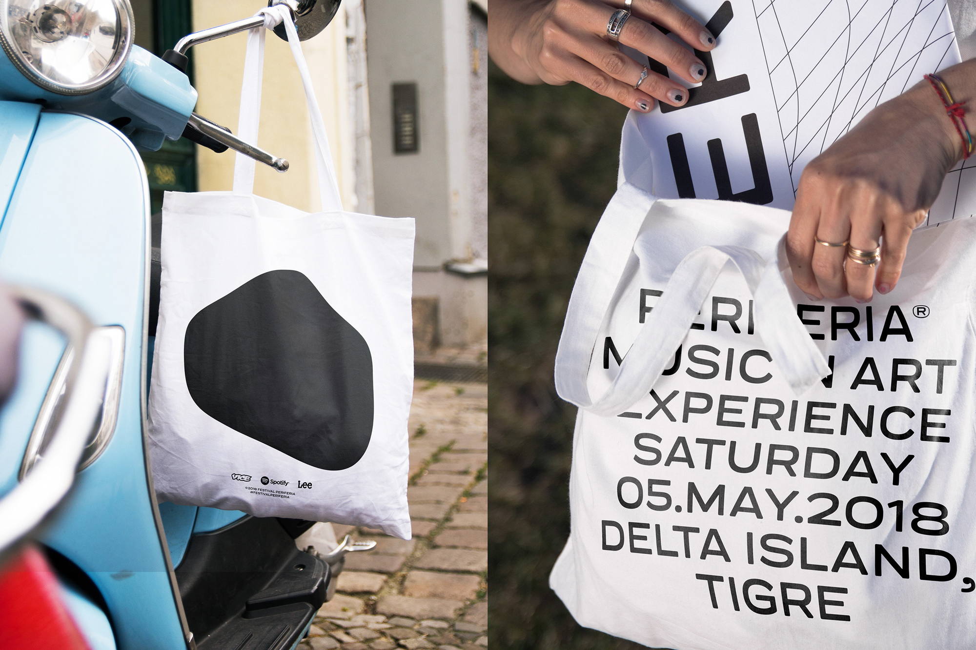 Two white tote bags with designs; one hangs from a light blue scooter, the other held by a person displaying rings on their fingers.