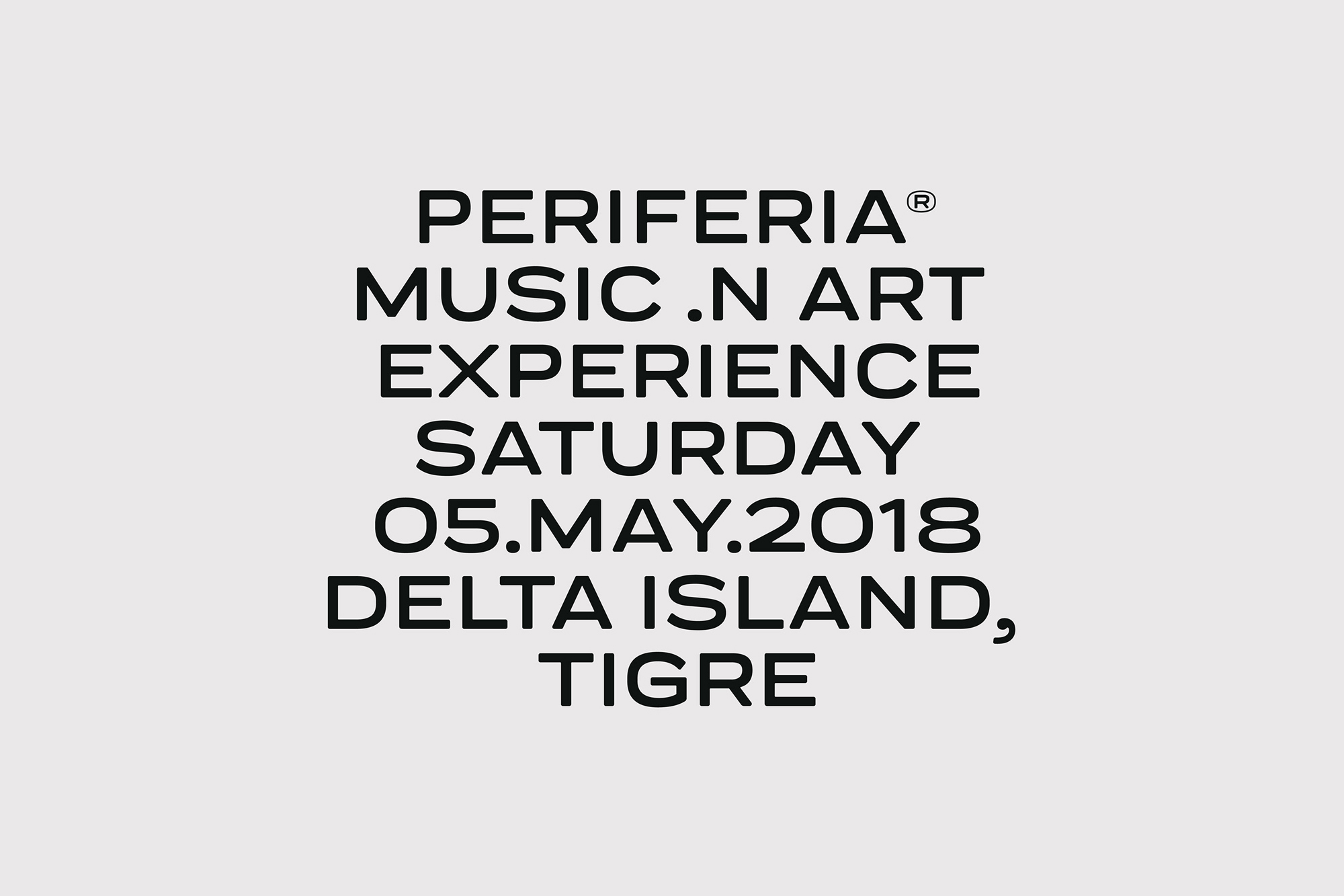 Periferia music and art experience advertisement in black text against a light gray background with the event's date and location.